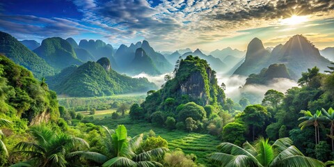 Sticker - Scenic landscape with majestic mountains and lush jungle , landscape, mountains, jungle, greenery, nature, outdoors