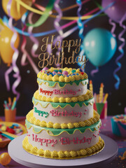 Sticker - A birthday cake with three tiers and balloons on top, AI