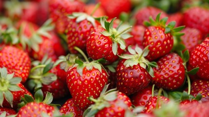 Wall Mural - Sweet, bright red strawberries are seen from the side