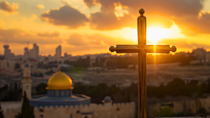 Christian cross and scenery of Jerusalim and Solomon Temple aka Al Aqsa in Israel.