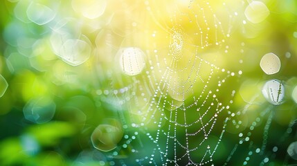 Captivating Macro Shot of Water Droplets on Spider Web Against Nature Background