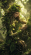© Laurent - serene dryad healer with vine-wrapped limbs and floral decorations in a sunlit grove, digital fantasy illustration