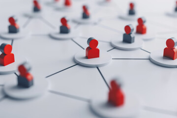 Connected red and grey human icons on white background representing networking and teamwork in a digital environment.