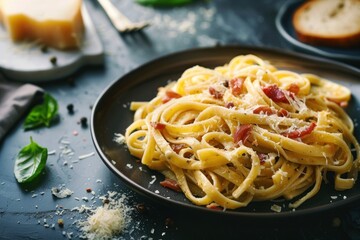 Delicious pasta carbonara with parmesan cheese and bacon on dark background