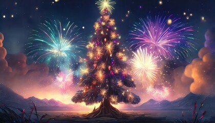 Wall Mural - christmas tree and fireworks