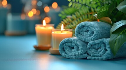 Rolled towels and candles on a blue surface with greenery