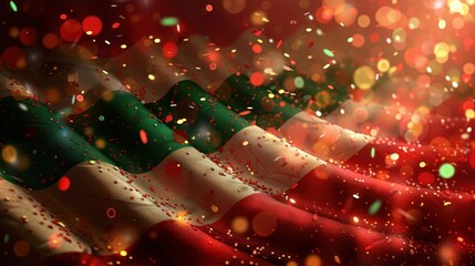 A waving Italian flag is illuminated by a soft, warm glow, covered in festive confetti