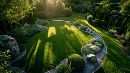 Wall Mural - A lawn with decorative stones where green grass