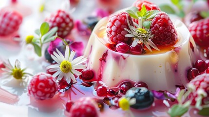 Sticker - A close up of a dessert with berries and flowers on top, AI