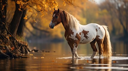 Sticker - a horse is standing in the water in front of a tree.