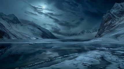 Canvas Print - AI generated illustration of a breathtaking night landscape of a snowy mountain range