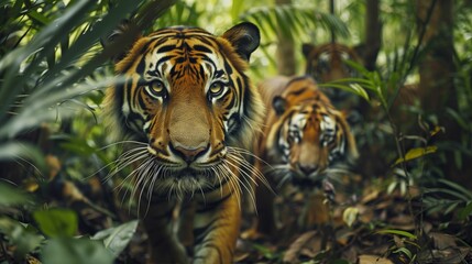 Poster - AI generated illustration of Bengal tigers walking through dense jungle foliage