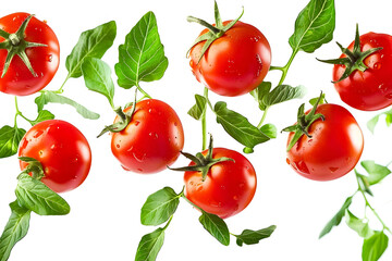 Canvas Print - flying cut out red ripe juicy tomatoes and green leaves isolated on white background with clipping path healthy vegan organic food vegetable cherry tomatoes creative food concept tomatoes patter