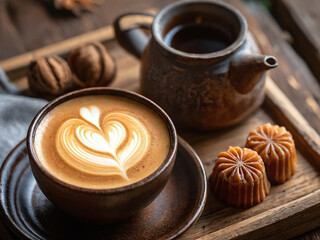 A cup of latte with heart design served on wooden tray