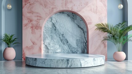 Wall Mural - Marble Platform with Pink Walls and Plants