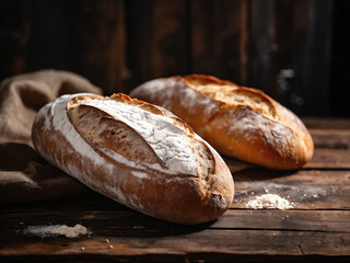 two freshly baked loaves of bread on rustic wooden table