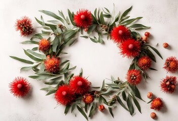 Wall Mural - a red tea white foliage coccinea christmas photographed natural australian native flower decorative flower arrangement gum chaplet waratah australian nut background tree  