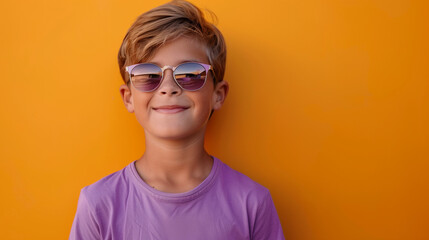 Boy Wearing Sunglasses in Front of a Yellow Wall