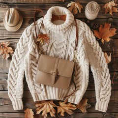 Wall Mural - Warm sweater, bag and dry leaves on brown wooden background, flat lay with space for text. Autumn fashion