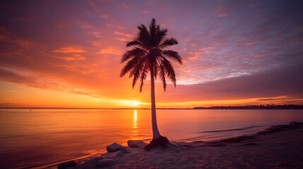 Wall Mural - Panoramic view of a palm tree on the beach at sunset