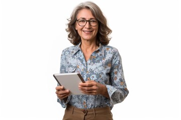 Wall Mural - An elderly businesswoman is using a tablet, smiling, and sitting happily for a portrait.