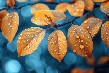 close shot of orange leaves covered in water droplets with a contrasting blue bokeh background, high