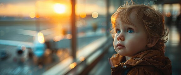 A Toddler Boy Looking Out The Window In The Airport Terminal