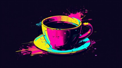 Wall Mural - Pop culture coffee cup, 2D, vector style, bright colors, black background