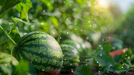 Wall Mural - Watermelon on the green watermelon plantation in summer. Agricultural watermelon field.