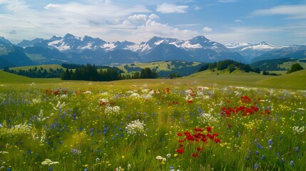 Sticker - Alpine meadows in summer where colorful wildflowers picture