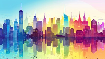 Sticker - A colorful and stylized illustration of a city skyline reflected in water.