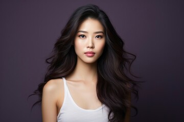 Portrait of a young Asian woman with long black hair wearing a white tank top on a purple background