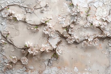 Sticker - A stucco relief of plum blossoms: Floral buds with slight pink hints are contrasted with dark branches, evoking the early spring.