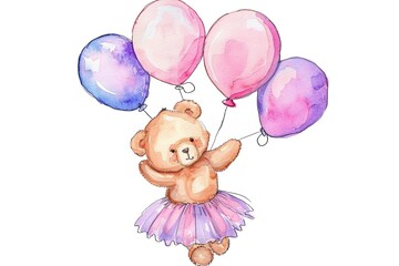 Sticker - A teddy bear is holding a bunch of balloons and is flying through the air