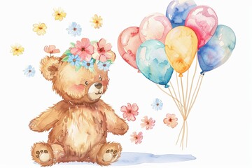 Wall Mural - A teddy bear is sitting on a bed with a bunch of balloons in the background