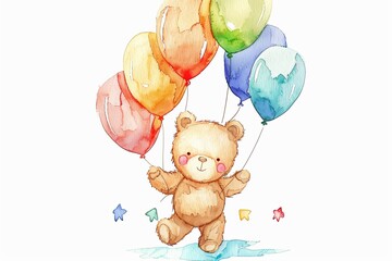 Poster - A teddy bear is holding a bunch of balloons and is jumping in the air