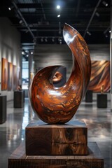 Sticker - Intricately designed abstract metal sculpture on a wooden base displayed in a contemporary art gallery with modern lighting and blurred artworks in the background