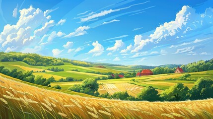 Wall Mural - Agricultural field with horizon and buildings under blue sky