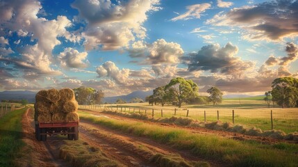 Agricultural landscape with farmer s trailer filled with hay in Australian countryside