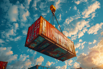 Wall Mural - A Rusty Cargo Container Suspended Against a Cloud-Filled Sky