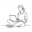© Dream House - A woman Sitting on the ground and browsing a laptop line art illustration