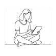© Dream House - A woman sitting on the ground with notepad vector line art illustration