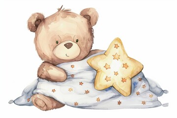 Wall Mural - A teddy bear is laying on a bed with a star and blanket