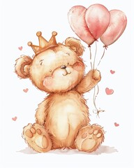 Canvas Print - A teddy bear is holding a pink balloon with hearts on it