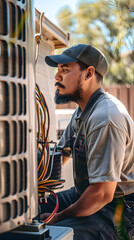 Wall Mural - Technician working on air conditioning outdoor unit on hot sunny day. HVAC worker professional occupation. 