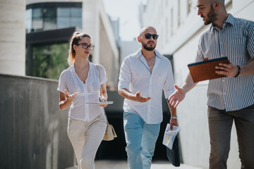 Team of marketing workers in an outdoor meeting discussing campaign performance, market trends and strategy development.