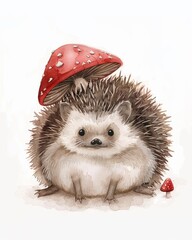 Canvas Print - A cute little hedgehog is sitting on a red mushroom