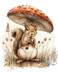 Canvas Print - A squirrel is sitting under a mushroom umbrella