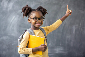 African  girl with glasses shows the class with her hand. The child goes to school for the first time. A child with a school bag and a book. A child in the classroom on the background of a blackboard.