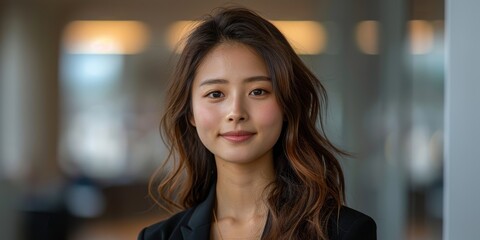 Wall Mural - Close-up portrait of a professional young woman with long wavy hair in a business setting, confidently smiling, wearing a black blazer, natural light background